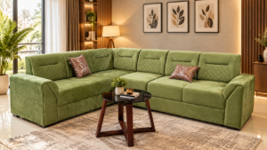 Premium green L-shaped sofa at WoodArt Furniture